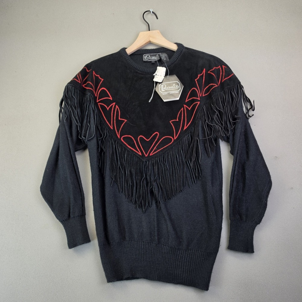 Vintage Rochelle Western Fringe Sweater Women S Black Red Suede Leather Yoke NWT